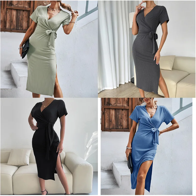 

Summer Bandage Long Ladies Casual Short Sleeve V Neck High Waist Knitted Dresses For Women 2022 New Elegant