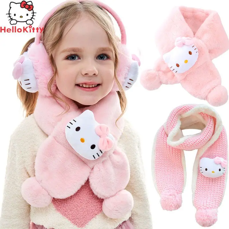 

Милый Sanrio, плюшевый шарф Hello Kitty, плотный зимний теплый мягкий и плотный детский утепленный шарф для маленьких девочек, комплект из двух пред...