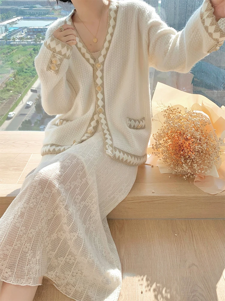 

BETHQUENOY Winter Tops For Woman Fashion Contrast Trim Single Breasted Knitted Cardigan Vintage Sweater Cardigans With Pockets