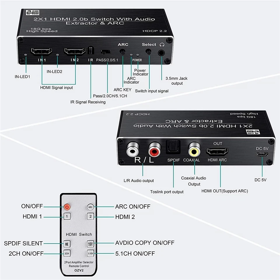 2 порта HDMI 0 аудио экстрактор для PS5 4K 60 Гц 5.1Ch HDMI2.0b ARC переключатель с toslink stereo HDCP 2.2