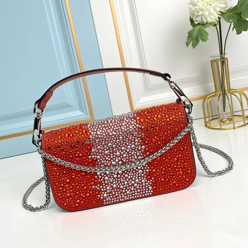 New Women's Bag Beaded Chain Bag Fashion Retro Shoulder Bag Top Handbag Shiny Purse Ladies Dinner Bag Armpit Bag