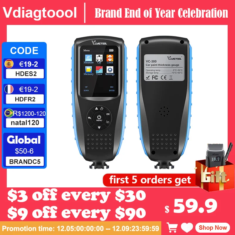 

Тестер толщины VDIAGTOOL VC300 vc100, измеритель толщины краски автомобиля Fe/nFe с цифровым ЖК-дисплеем и подсветкой