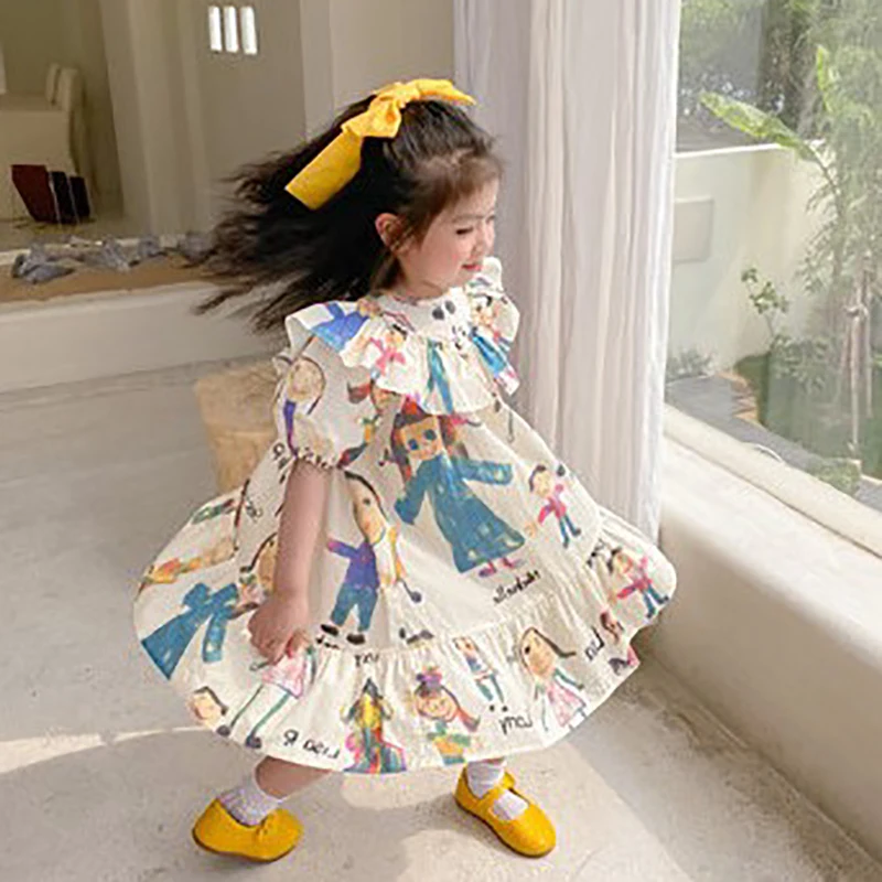 Kids Casual Dress for Girls Summer 2023 New Toddler Floral Print Short Sleeve tutu Princess Dress with Belt Children Clothing