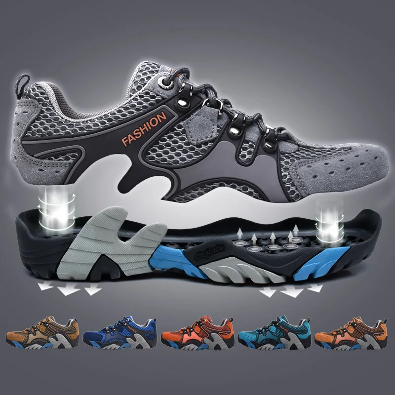 JIEMIAO Summer Men's Hiking Shoes Mesh Breathable Men's Sneakers Outdoor Non-slip Trail Mountain Climbing Trekking Shoes