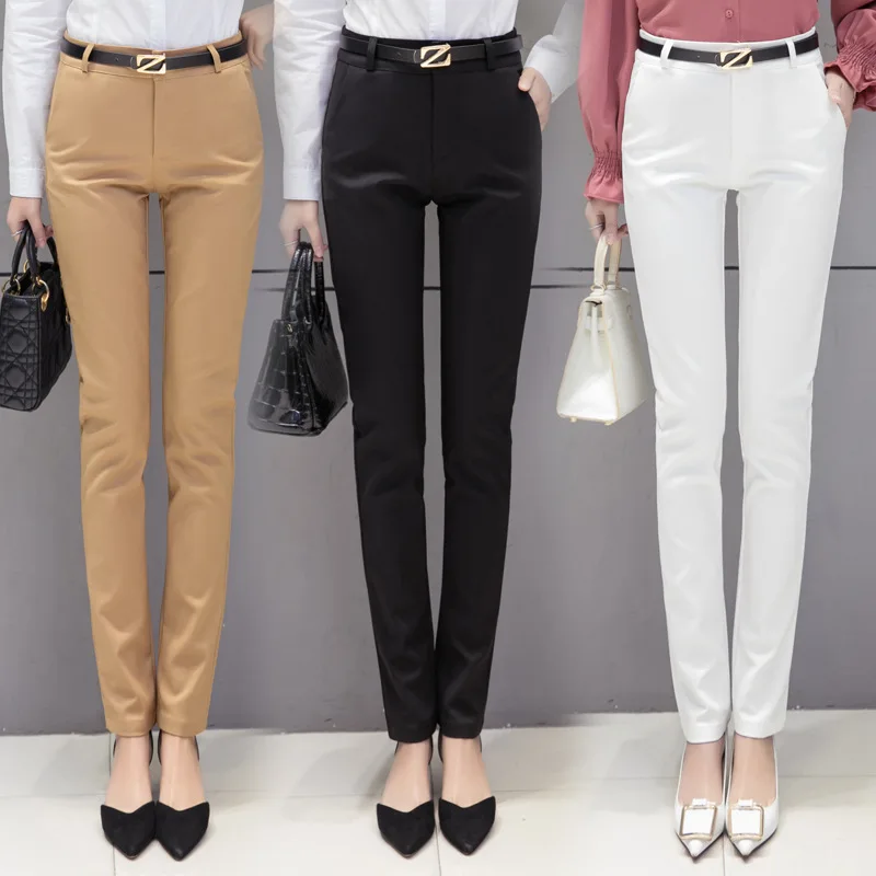

White Suit Pants Formal Business Attire Casual Stretch Tight Women Pencil Pants Pocket Straight Trousers Women High Waist Pants