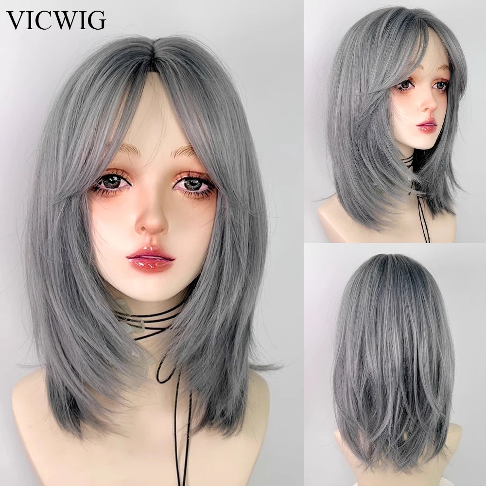 VICWIG синие прямые короткие синтетические женские парики средняя часть Лолита