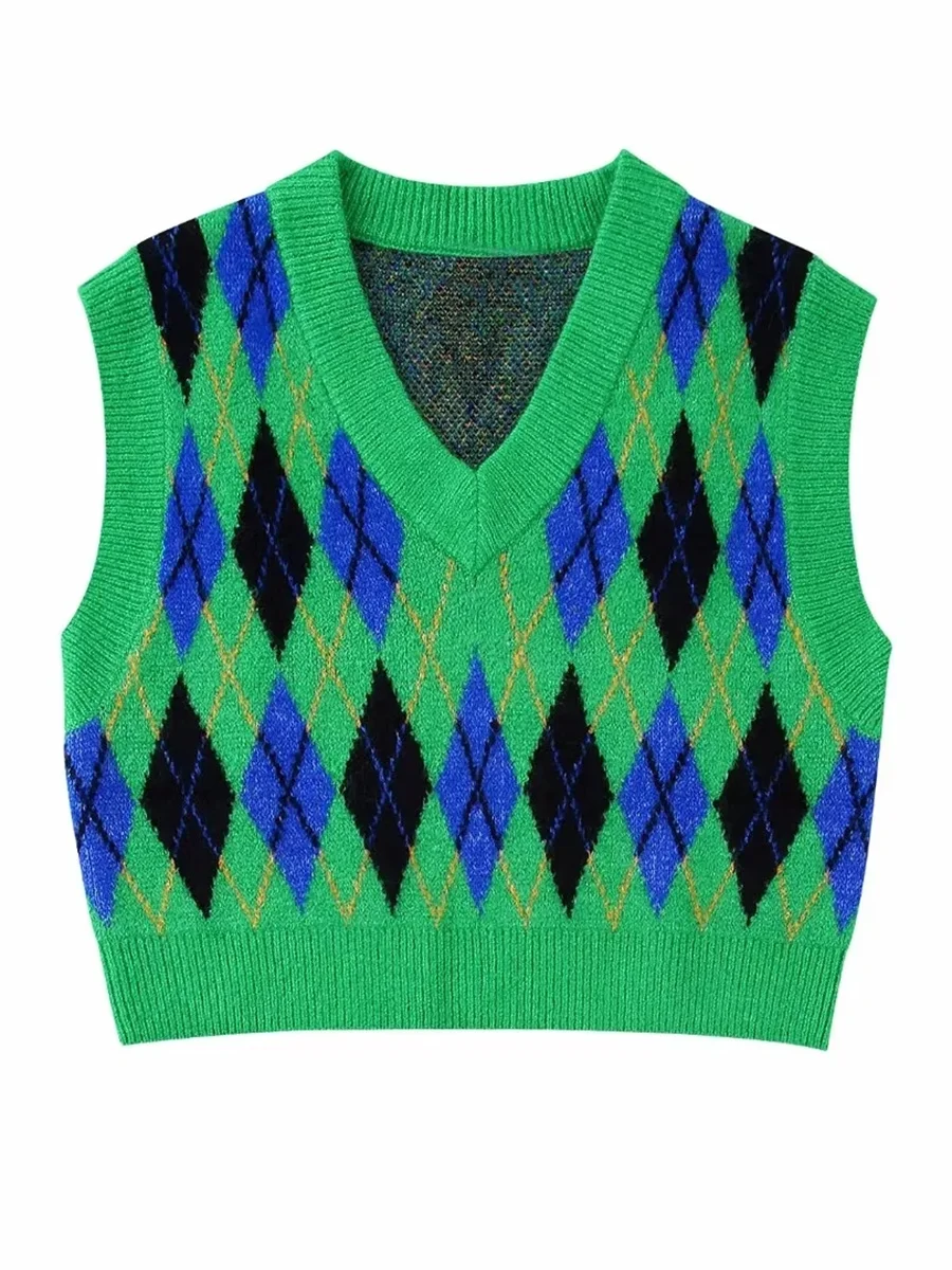 

Женский трикотажный топ в клетку, зеленый Повседневный облегающий Топ без рукавов с V-образным вырезом, 2022