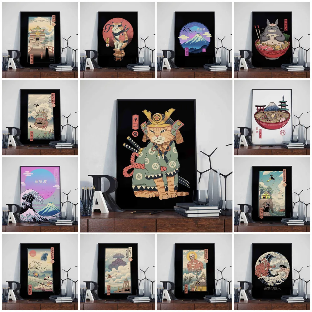 

Japanese Anime Samurai Cat poster Prints Ramen Nostalgia Quality Animal Wall Art Pictures for Home Decor posters canvas painting
