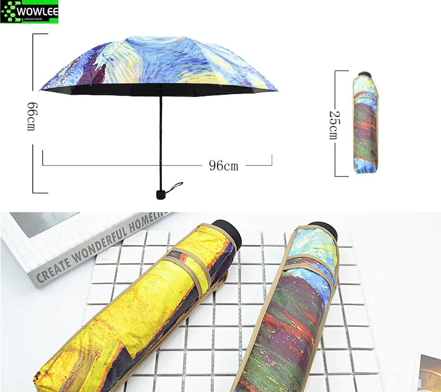 Складной зонт женский, устойчивый к ветру, Парагуас Ван Гога, масляная живопись, дождевой зонт для женщин, качественное черное покрытие, парасоль.