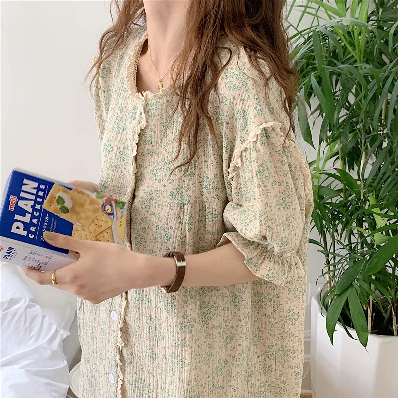 2022 Summer Women's Night Gowns Loose Floral Nightdress Lace Pajamas Lounge Wear Single-breasted Nightgown Women Cotton Pajamas