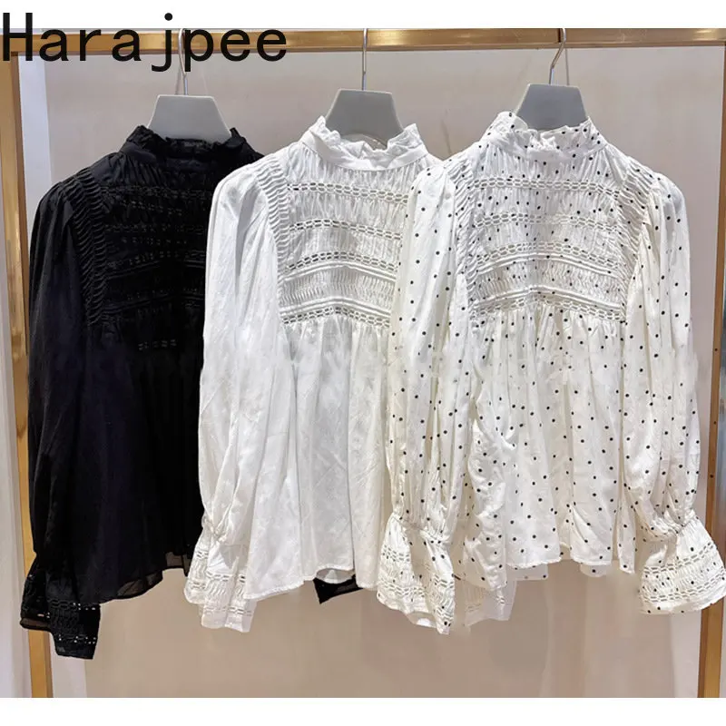 

Harajpee Women Sweet Blouse Japanese Spring 2023 New Elegant Lady Cute Balloon Sleeve Stand Up Collar Lace Pleated Shirt Top