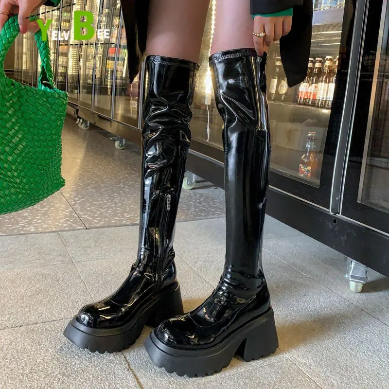

Over The Knee High Heels Platform Chelsea Women Boots Chunky Thick Motorcycle Woman Shoes Winter New Patent Leather Black Botas