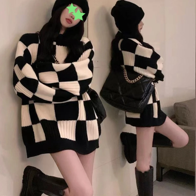 

Chessboard Turtleneck Kintted Thick Women Y2k Pullovers Autumn Winter Split Jumper Crochet Long Sleeve Sweater Jumper Cardigan