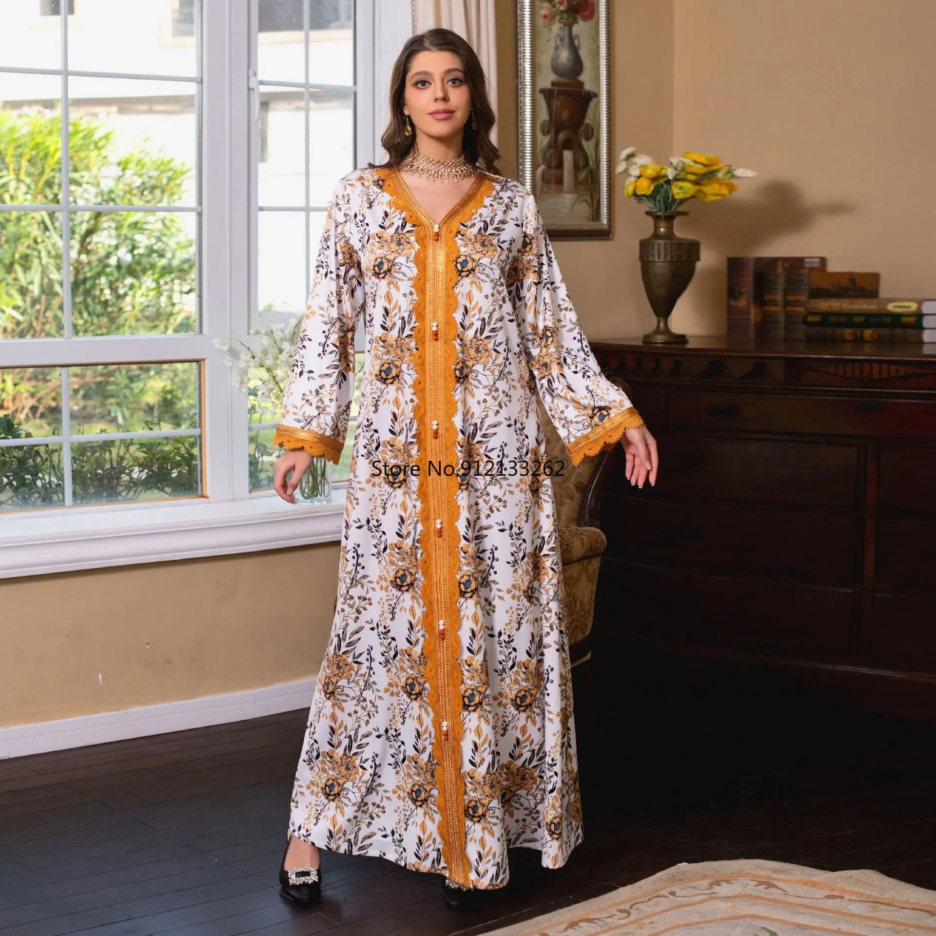 2023 Summer Muslim Women Fashion Long Sleeve V-neck Printing Polyester Orange Long Abaya Muslim Dresses Abaya Dress