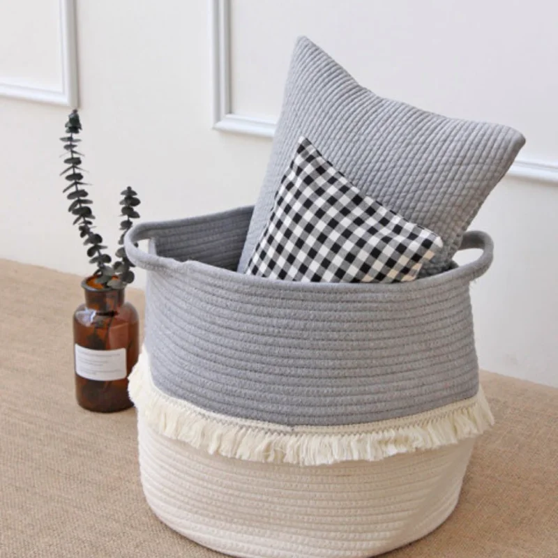 

Корзина для хранения с кисточками, реквизит для фотосъемки, хлопковые тканые корзины для мелочей, закусок, корзины для хранения одежды для у...