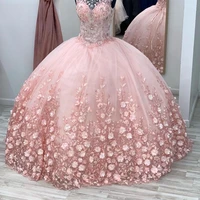 sevintage pink ball gown quinceanera dresses 15 party formal 3d flowers lace applique beading princess cinderella birthday gowns