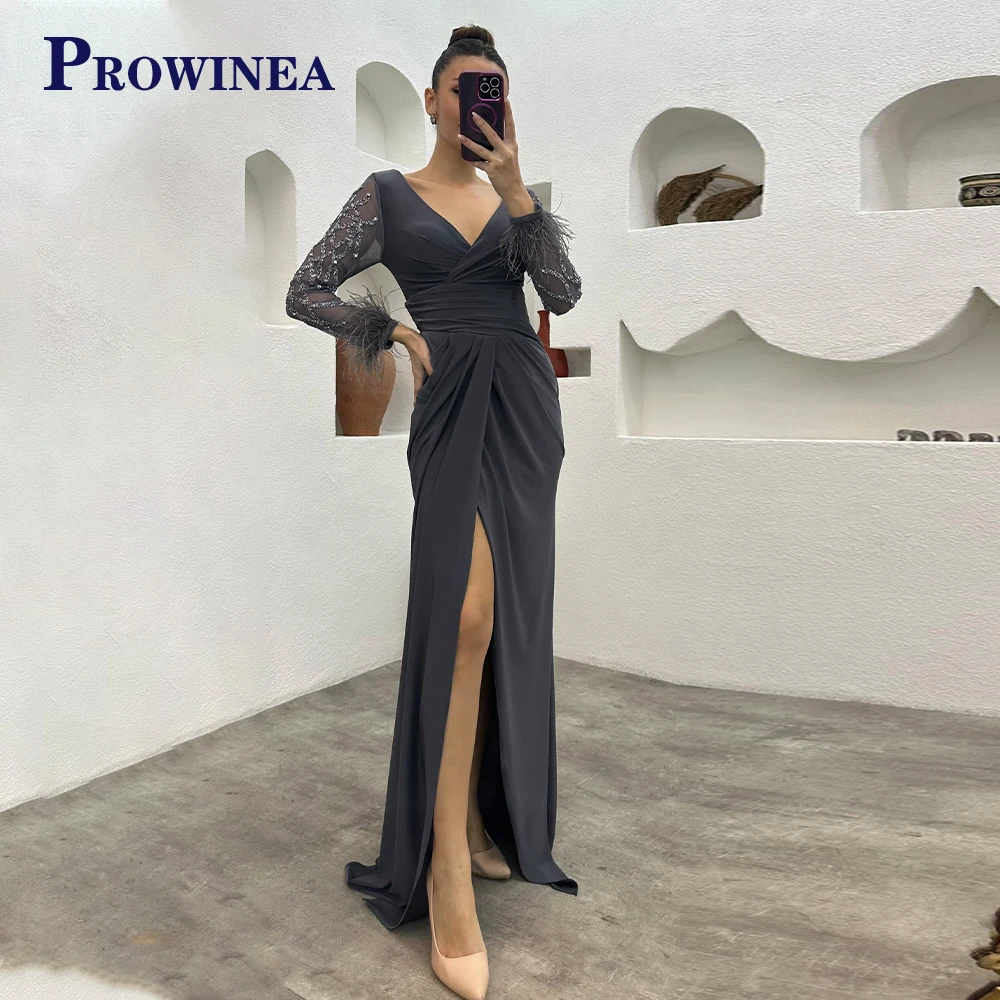 

Prowinea Charming V-Neck Feathers Side Slit Luxury Celebrity Gown Evening Dress Floral Print Made To Order Pleat Robes De Soirée