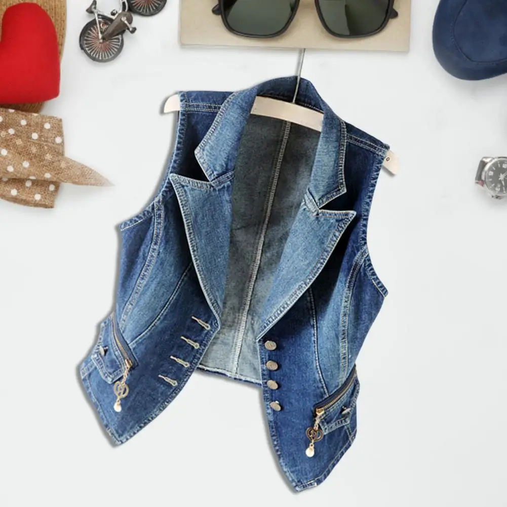 

Chic Solid Color Breathable Sleeveless Zipper Flap Pockets Short Denim Waistcoat Women Waistcoat Women Waistcoat