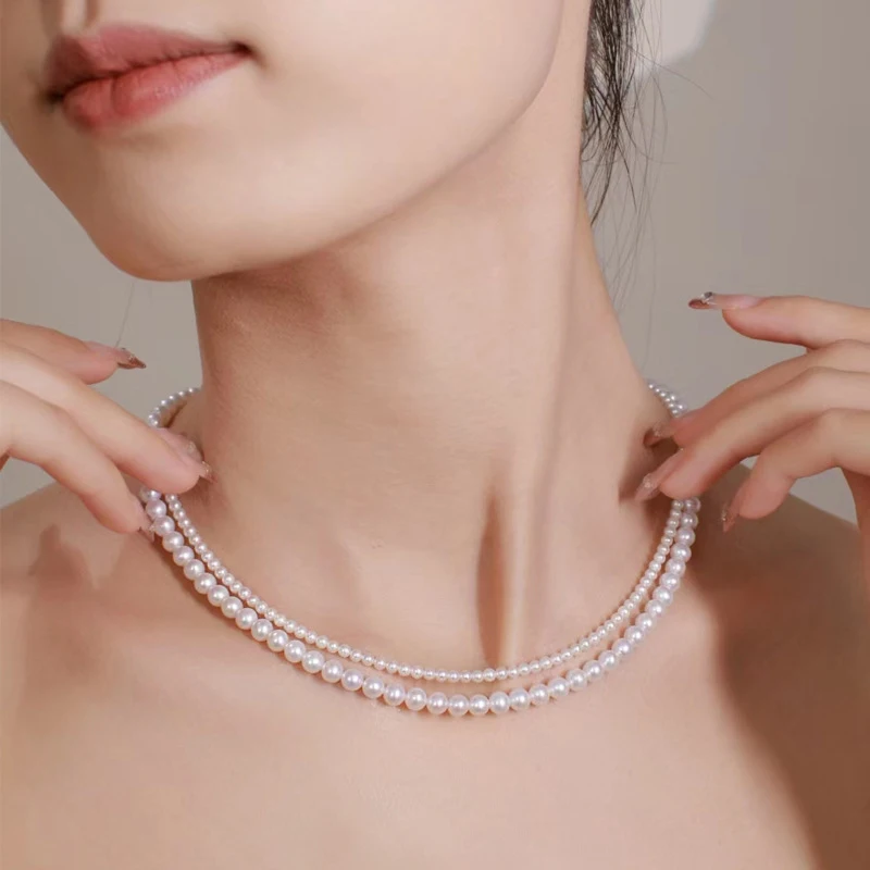 Ожерелье женское Двухслойное из натурального пресноводного жемчуга с