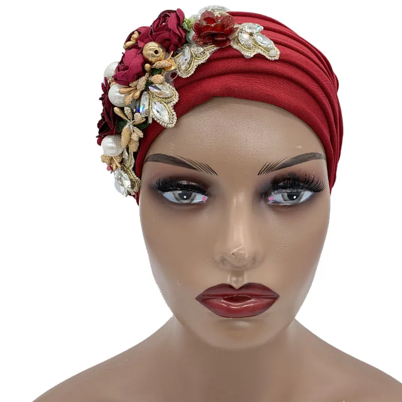 Glitter Rhinestone Flower Full Body Pleated Turban Cap Muslim Women's Head Wrap Bonnet Female Party Headpiece Turbante Hat