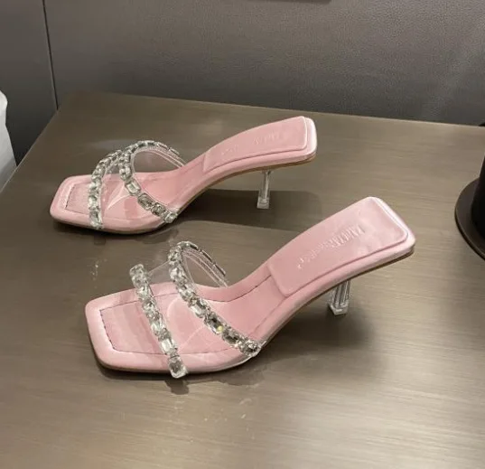 

Блестящие шлепанцы, прозрачные тапочки, обувь с квадратным носком, на тонком каблуке, мюли, тапочки, женские низкие желеобразные туфли, высо...