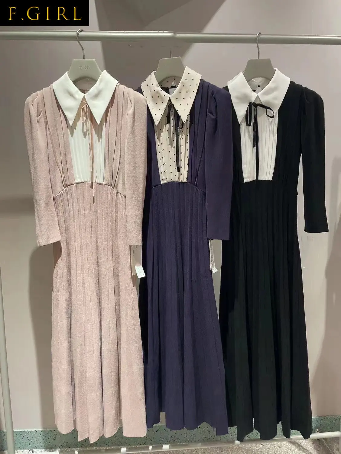 F GIRLS Turn Down Collar Contrast Color Bandage Robe Femme Puff Sleeve Pleated Slim Waist Dresses Japanese Vestidos De Mujer