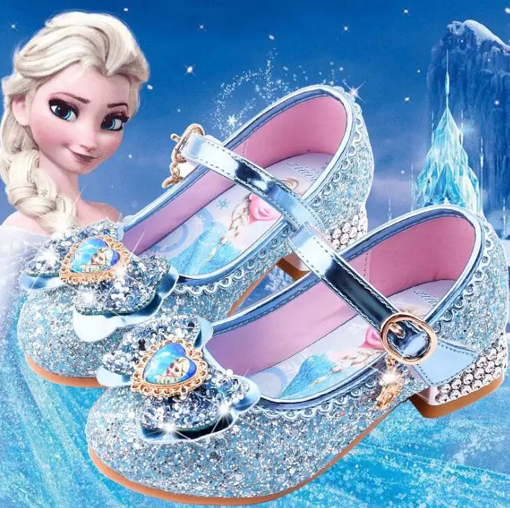 Disney new cartoon girls casual shoes children's high-heeled shoes elsa princess frozen cartoon bowknot leather shoes