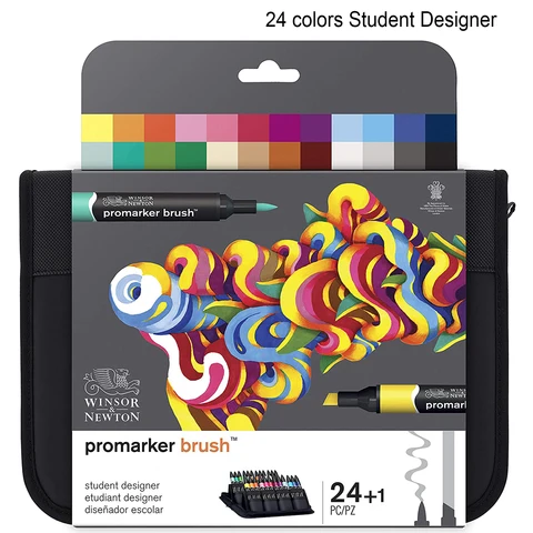 Winsor & Newton, 24 цвета, студенческий дизайн, маркер кисти Promarker, Двойные наконечники (мягкий наконечник/твердый зубильный наконечник)