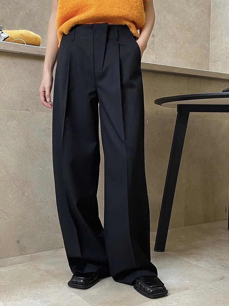 Женские Асимметричные прямые брюки [LANMREM] свободные офисные с высокой талией и