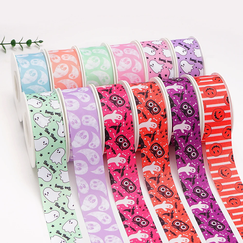 Ленты с изображением Хэллоуина Grosgrain/атласная лента принтом для украшения