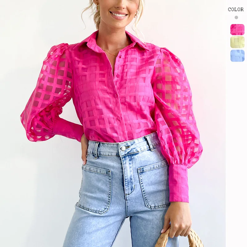 

Блузка женская однотонная в клетку, с рукавом-фонариком