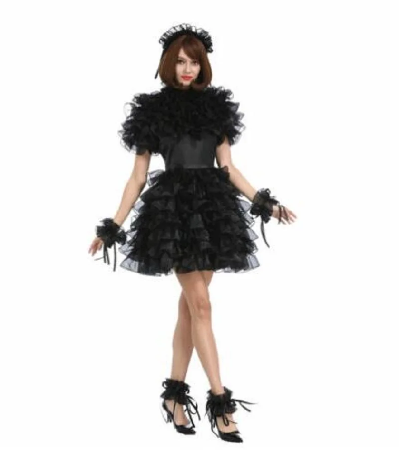 Милое пушистое платье из черной атласной органзы для косплея |