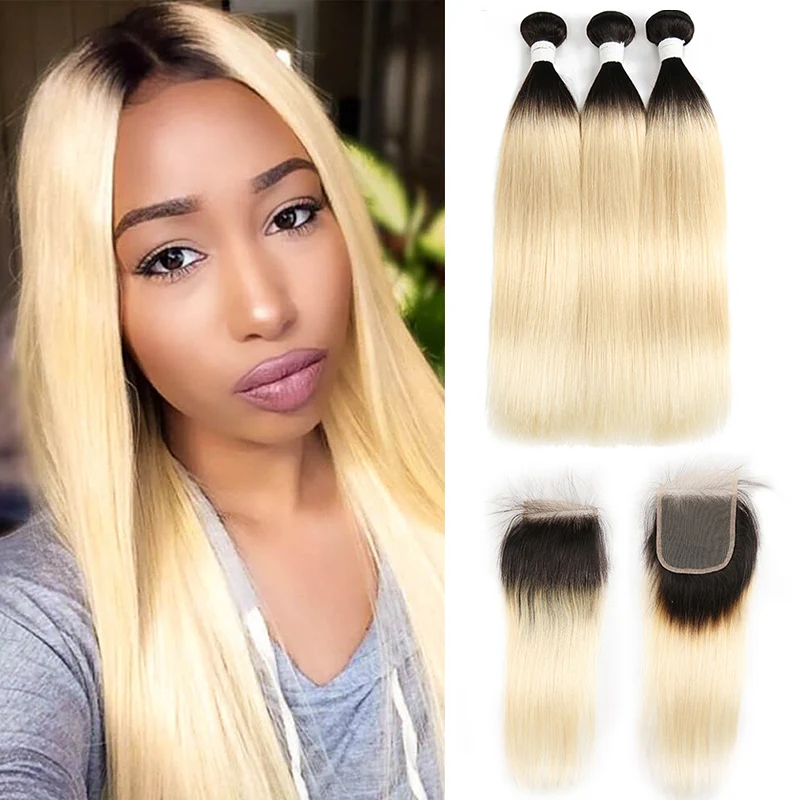 

T1B/613 Straight 3/4 Bundles With Closure Brazilian SOKU Ombre Blonde Human Hair Weave Bundles With Lace Closure Remy Hair Weft
