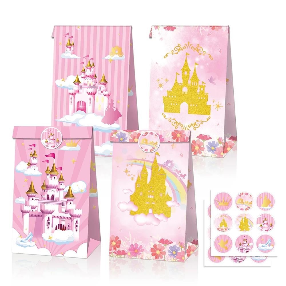 

LB136 12Pcs Girl Sweet Princess Castle Rainbow Birthday Party Biscuit Kraft Paper Gift Bags Sticker Baby Shower Party Decoration