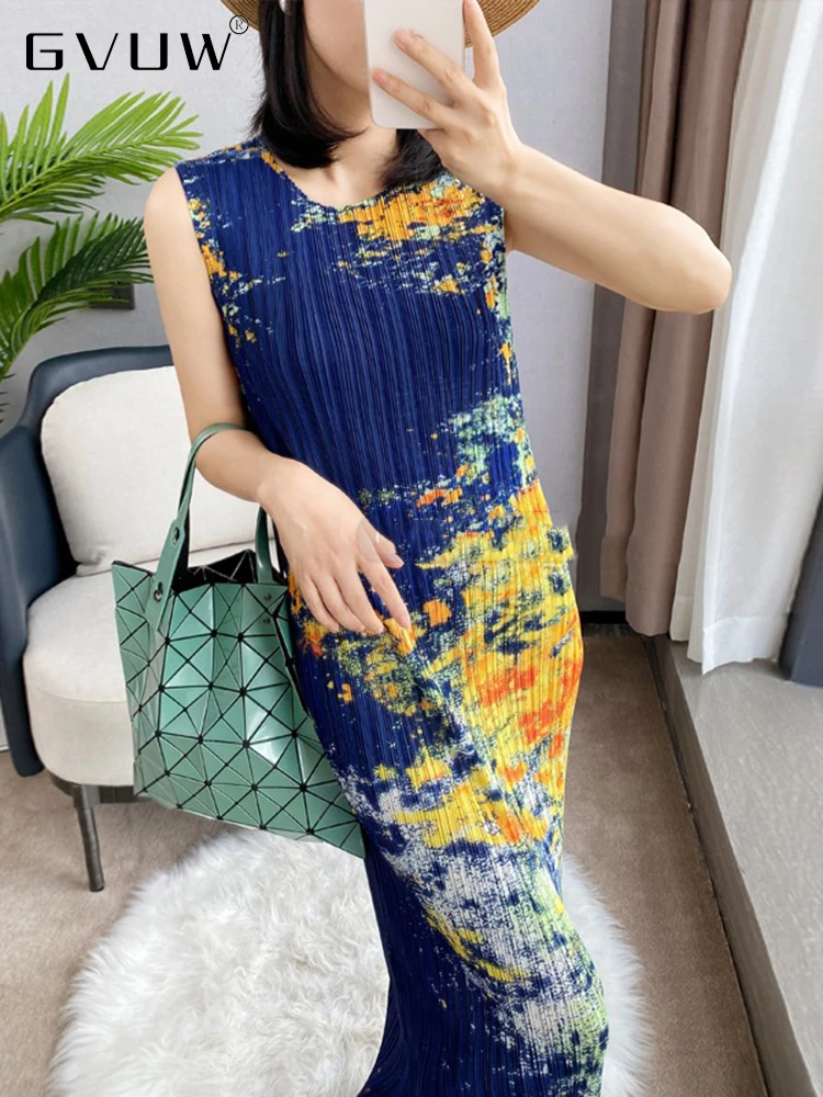 

Плиссированное праздничное платье GVUW, женская летняя модная прямая женская элегантная одежда с цветным рукавом, круглым вырезом и принтом, ...
