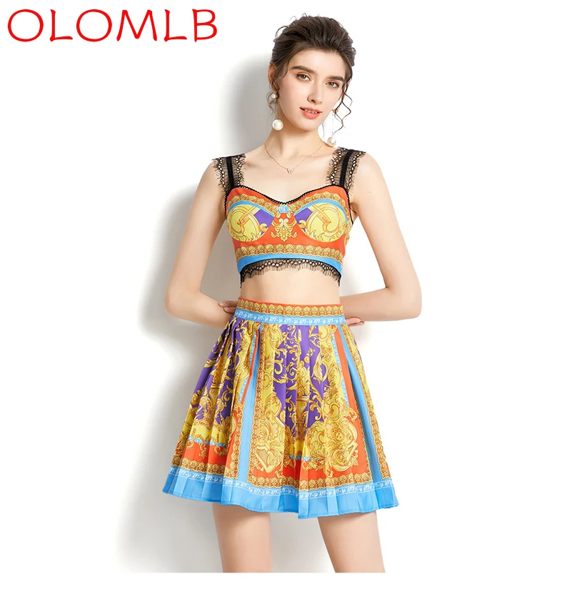 

OLOMLB 2022 Spring/Summer Vacation Printed Pleated Skirt + Lace Patchwork Top Suit Ladies Party Beach Vacation Suit