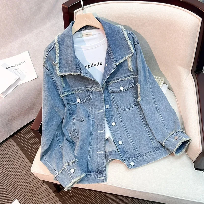 

2023 Vintage Holes Washed Denim Jacket Women Oversize Loose Rough-edges Do-old Jean Coat Spring Autumn Female Casual Top Outwear