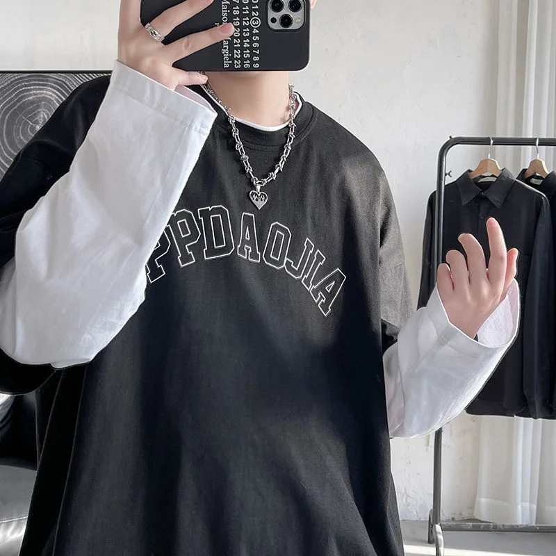 

Fake Two Piece Men's Tshirt Long Sleeve Letter Graphic Base Shirt Hip Hop Harajuku Male Top Casual Tee Round Neck T-shirt