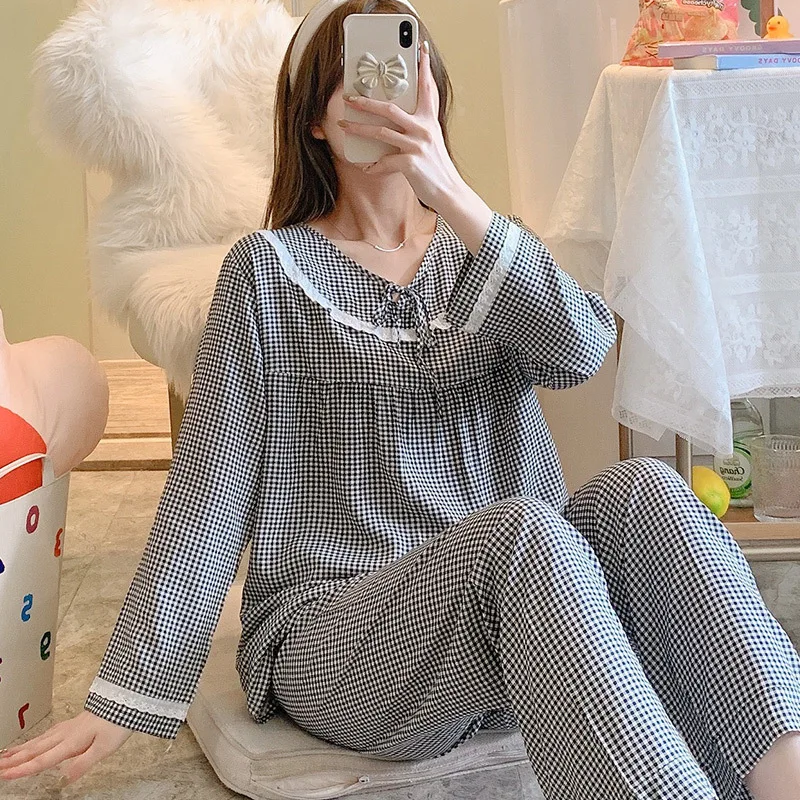 Pajamas Female Spring And Autumn Thin Month Wonen Lounge Nightdress Set  Sleepwear Cotton Silk  Pajama Lace Maiden