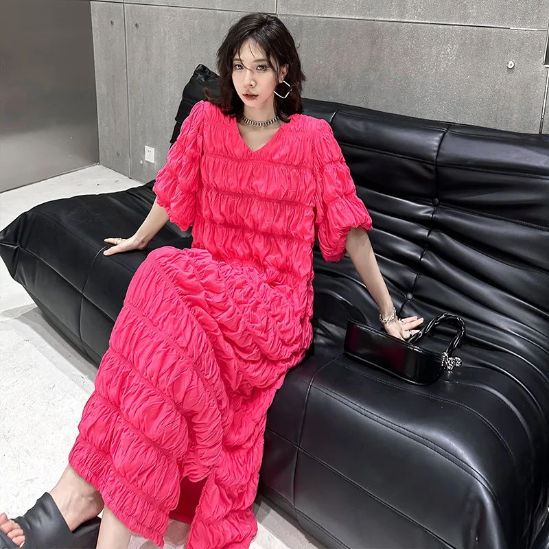 

French Gentle Style Wrinkled V-neck Short Sleeve Dress for Women 2023 Summer Streetwear Trendy Loose Casual Long Dresses 0086