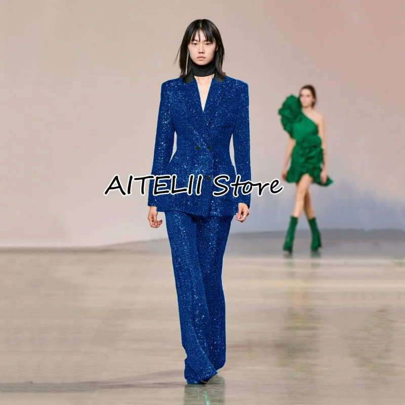 Women's Suits 2 Piece Set Sexy Sequins Retro Spike Collar Slim Fit Double Breasted Floor Length Trousers For Casual Party Jacket