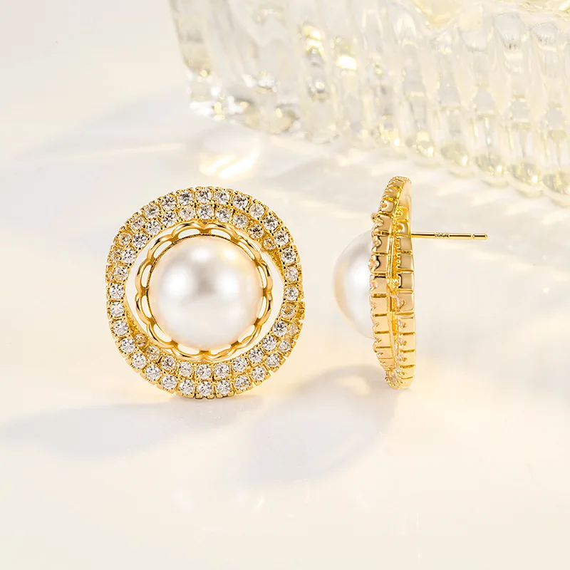 

100% 24K Yellow Gold Natural Pearl Gemstone Stud Earring for Women Fine Aros Mujer Oreja Orecchini 24K Gold Earring Females