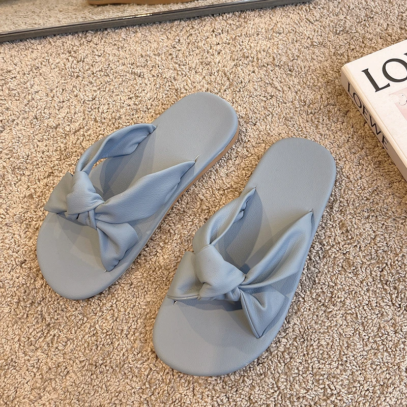 2022 summer slippers women's bow luxury flat bottom outer wear designer sandals soft bottom basic indoor simple PU women's shoes