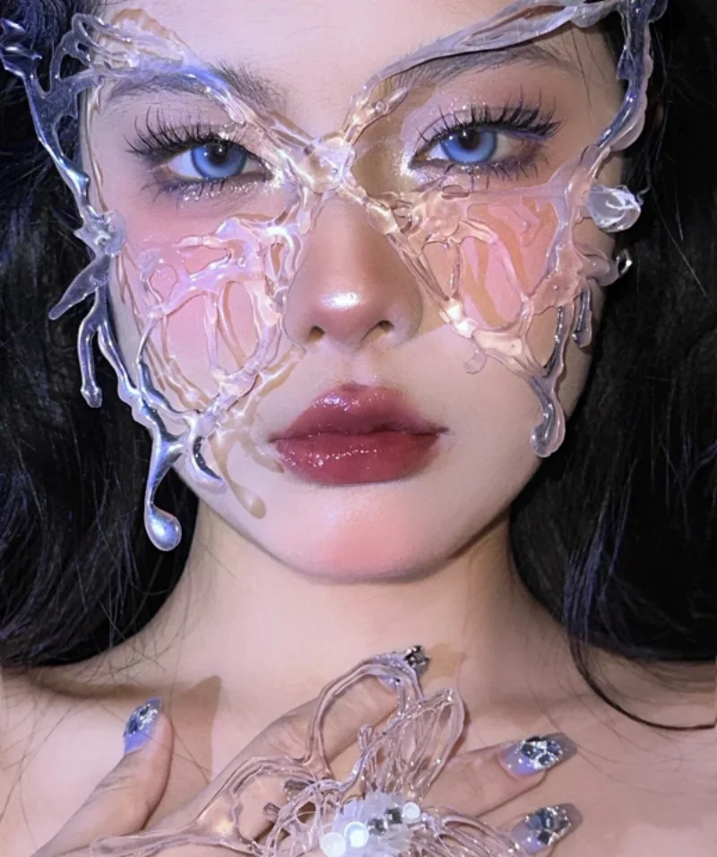New Cos Future Science Technology Shaped Butterfly Bone Mask Prom Makeup Transparent Cover Face Party Resin Face Jewelry Gift