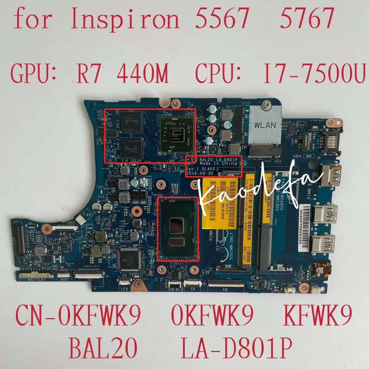 Материнская плата для ноутбука dell Inspiron 5567 5767 с LA-D801P 216-0889018CN-0KFWK9 KFWK9 i7-7500U VMRRP 100% Test |