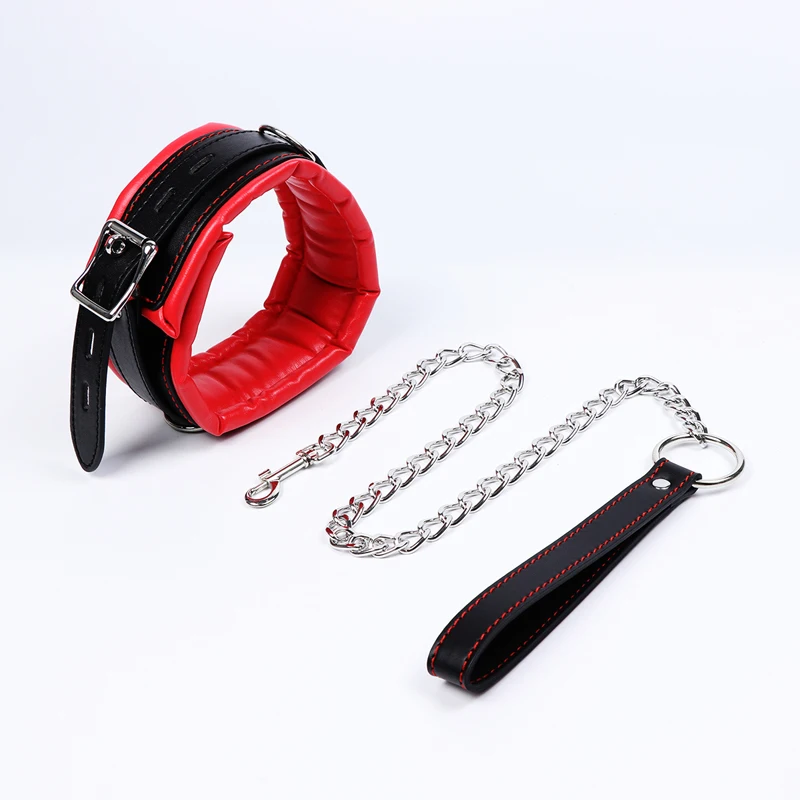 Red Black Bdsm Collar Leather And Iron Chain Link Sponge Filling Bdsm Slave Collars Women Bondage Restraints Adult Toys