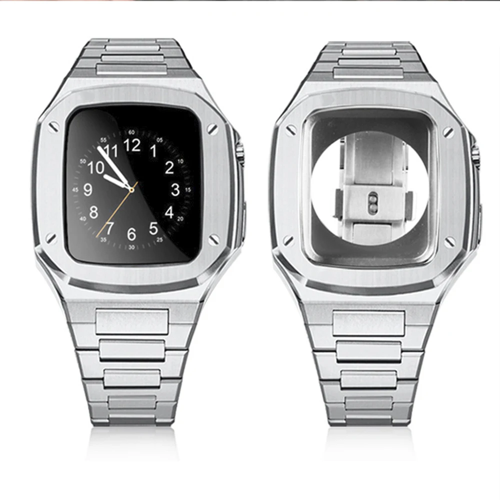 Metal Retrofit Kit Case Strap for Apple Watch Band 45mm 44mm High End Stainless Steel Bracelet Correa for iWatch Series 87654 SE