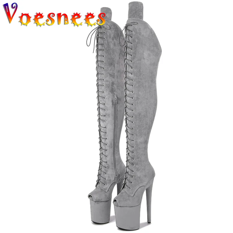 Женские сапоги выше колена на платформе 20 см фетиш черные замшевые с открытым