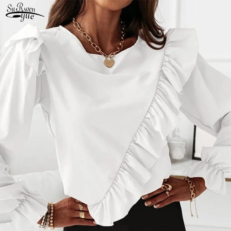 

Casual Ruffle White Women Clothes Korean Office Lady Blouse O-neck Pullover Solid Long Sleeve Chiffon Shirt Fashion Tops 18247