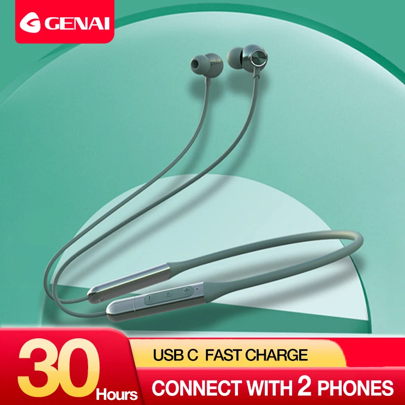Genai-auriculares inalámbricos con Bluetooth 5,2, 30 horas de reproducción, conexión magnética, deportivos, para correr, con micrófono